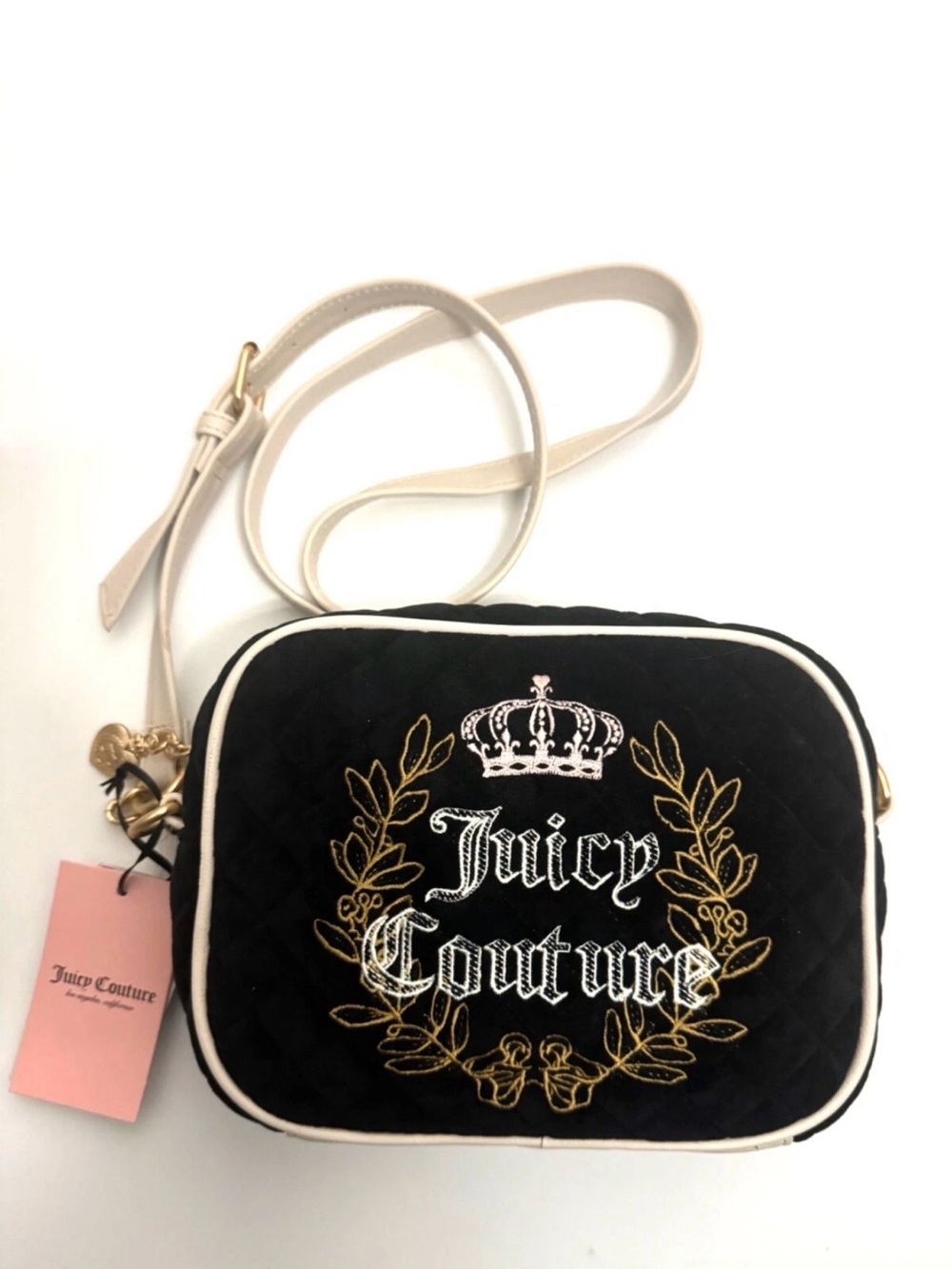 Juicy Couture Black Quilted Crossbody with Cream Trim & Gold Embroidery